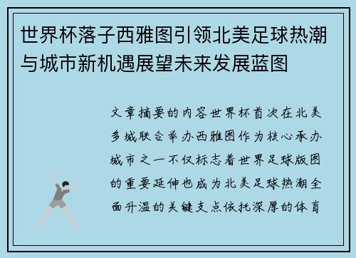 世界杯落子西雅图引领北美足球热潮与城市新机遇展望未来发展蓝图